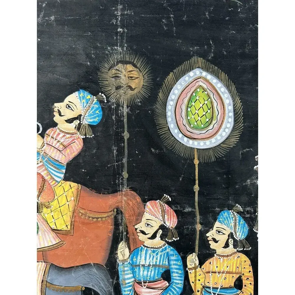 Vintage Indian Batik Black Cotton Wall Hanging Hand painted Elephants 28x60” Art